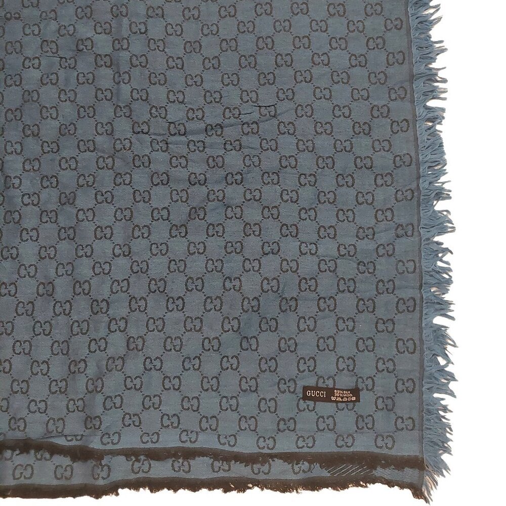 Gucci Vintage Blue Dual-Tone Reversible Monogram Stripe Shawl Wrap - Picture 8 of 8